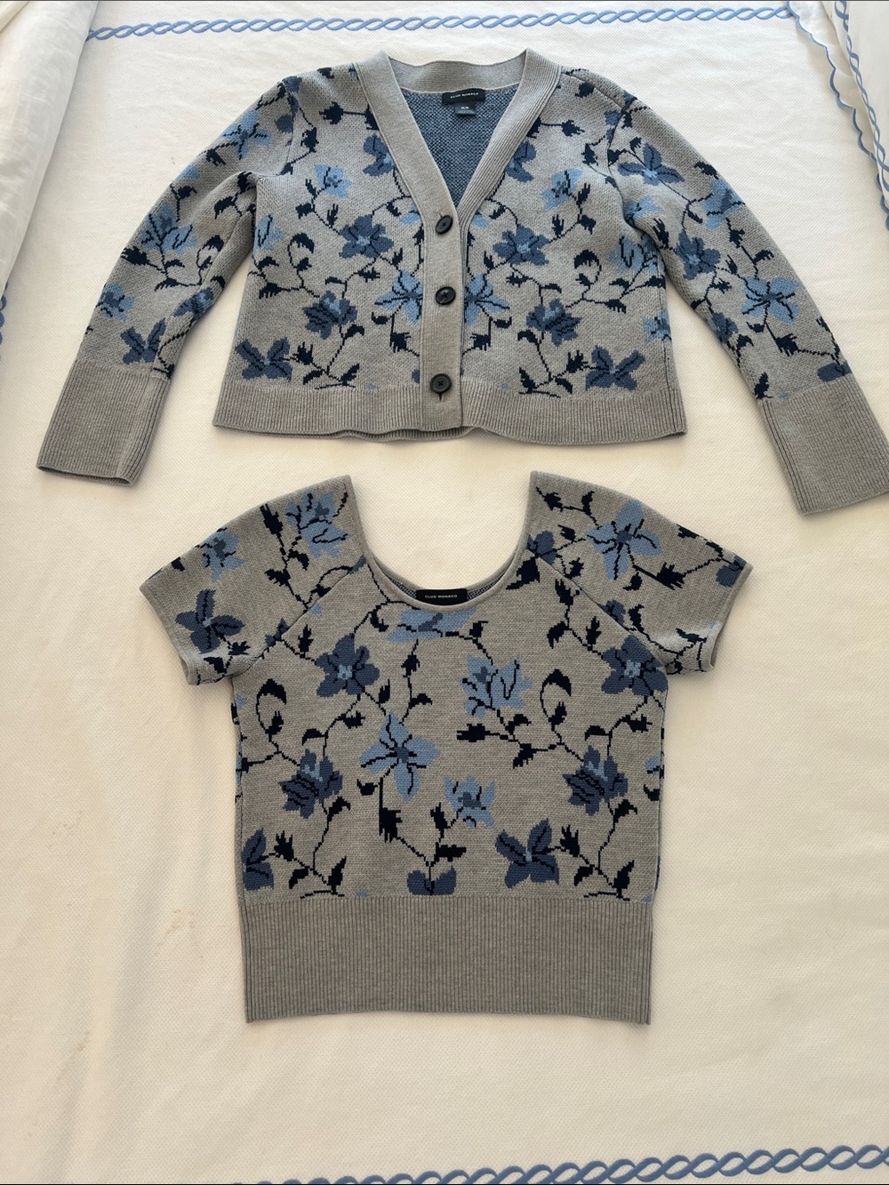 Club Monaco Gray Sweater and Cardigan Set with Blue Floral Pattern
